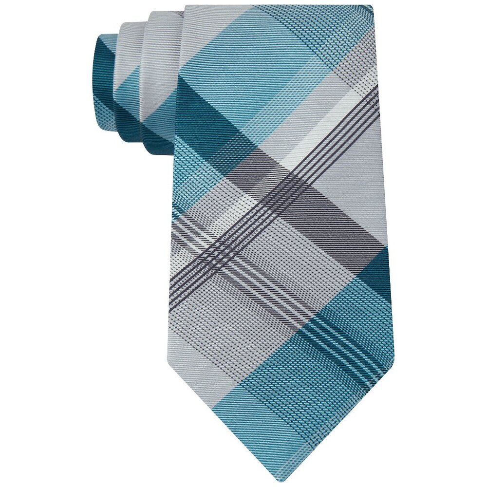 GEOFFREY BEENE Aqua Blue Gray Plaid Instinct Silk Polyester Blend Classic Tie